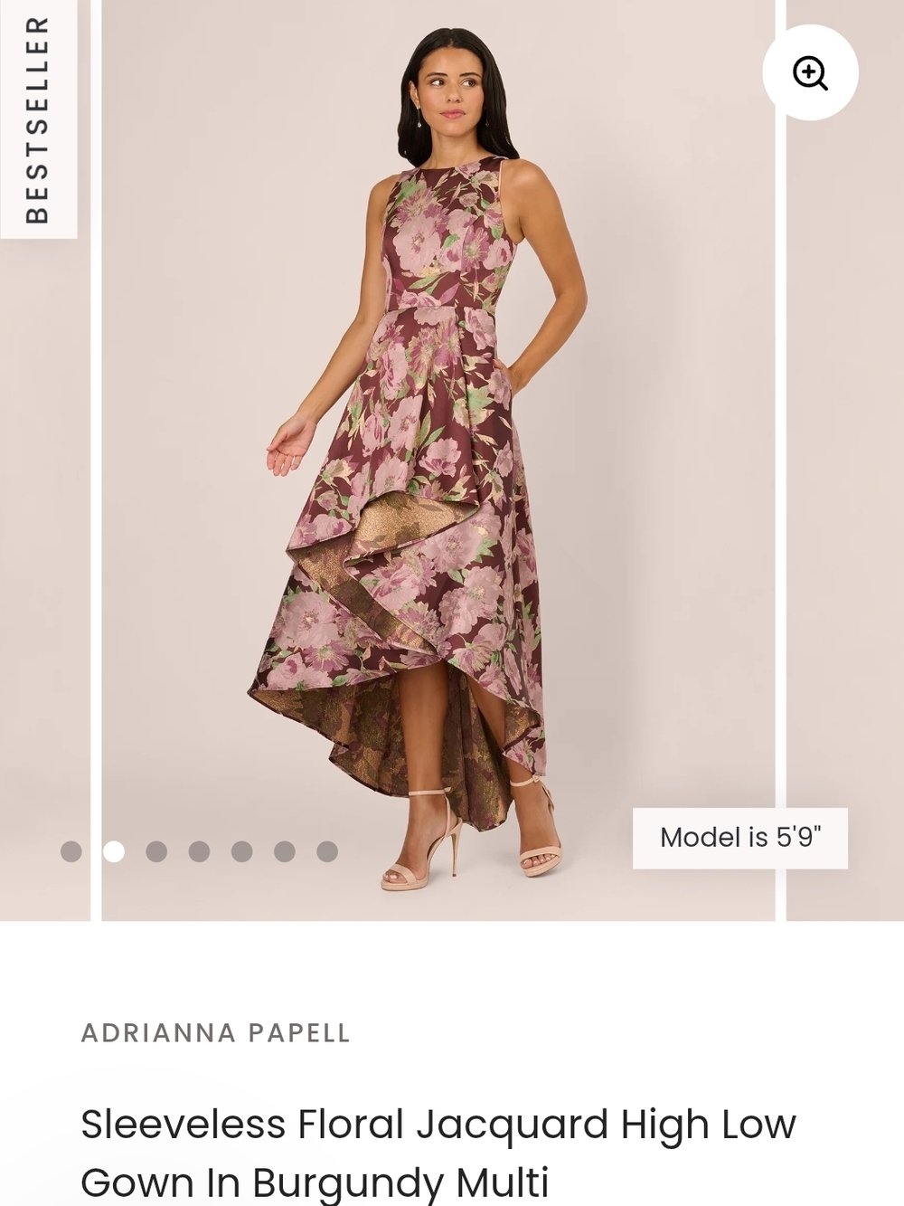 Adrianna Papell Burgundy and Pink Floral High-Low Jacquard Dress